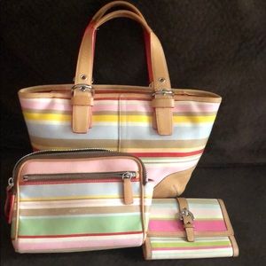 Coach bag multicolored w/make up bag & wallet